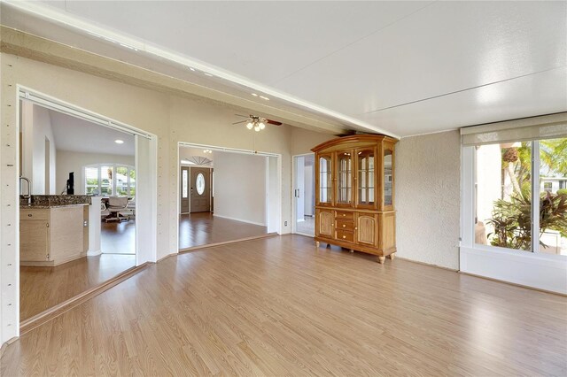 719 Winterbrooke Way, Sun City Center, FL 33573 - unfurnished living room featuring light wood finished floors, plenty of natural light, a ceiling fan, and vaulted ceiling