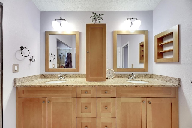 719 Winterbrooke Way, Sun City Center, FL 33573 - full bath featuring a textured ceiling, double vanity, and curtained shower