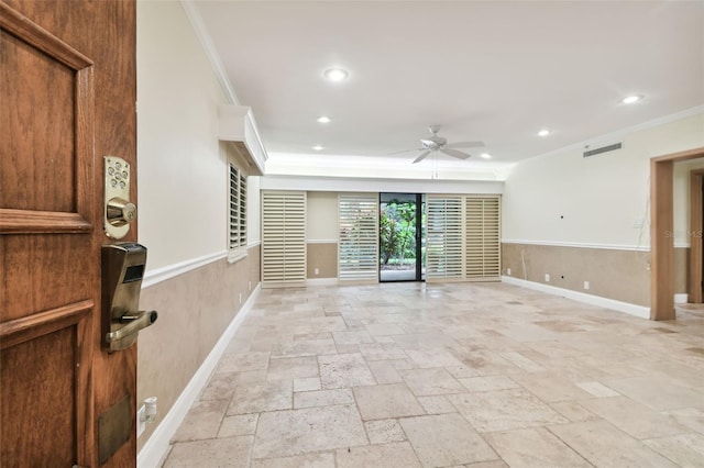 36750 US Highway 19 N Unit 03127, Palm Harbor, FL 34684 - unfurnished living room featuring ceiling fan, crown molding, stone tile flooring, baseboards, and recessed lighting