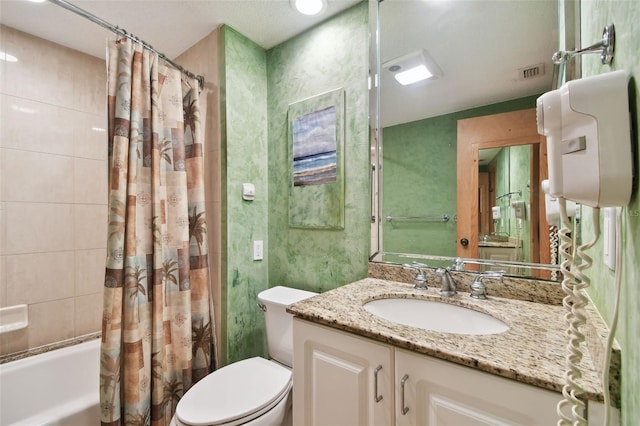 full bathroom featuring toilet, vanity, and shower / bath combination with curtain