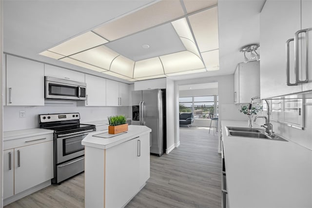 kitchen with stainless steel appliances, light hardwood / wood-style floors, sink, a kitchen island, and white cabinets