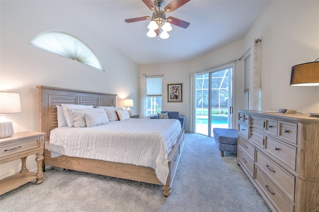 bedroom featuring access to exterior, ceiling fan, light colored carpet, and lofted ceiling