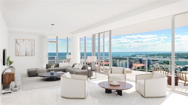 living room featuring a water view and floor to ceiling windows