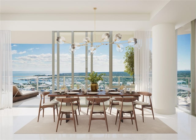 tiled dining area with a water view and a notable chandelier