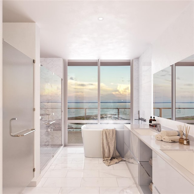 bathroom with plus walk in shower, a water view, and vanity