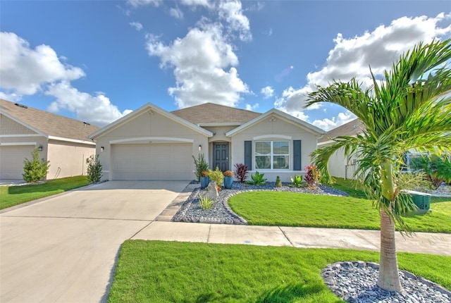 555 Calico Scallop St, Ruskin, FL 33570 - ranch-style house with an attached garage, concrete driveway, a front lawn, and stucco siding