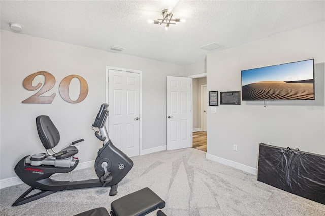 exercise room featuring light colored carpet and a textured ceiling