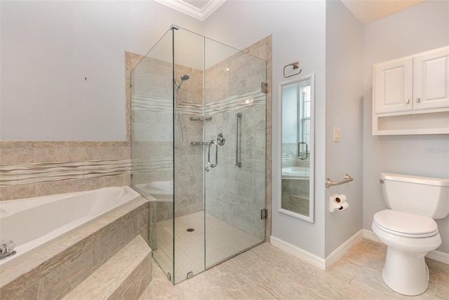 bathroom with ornamental molding, tile patterned floors, toilet, and plus walk in shower