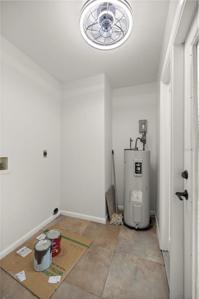 laundry area with electric water heater, ceiling fan, washer hookup, and hookup for an electric dryer