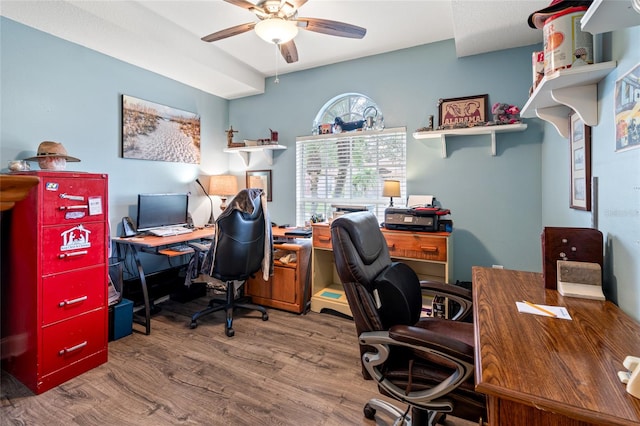 office area featuring ceiling fan and hardwood / wood-style floors