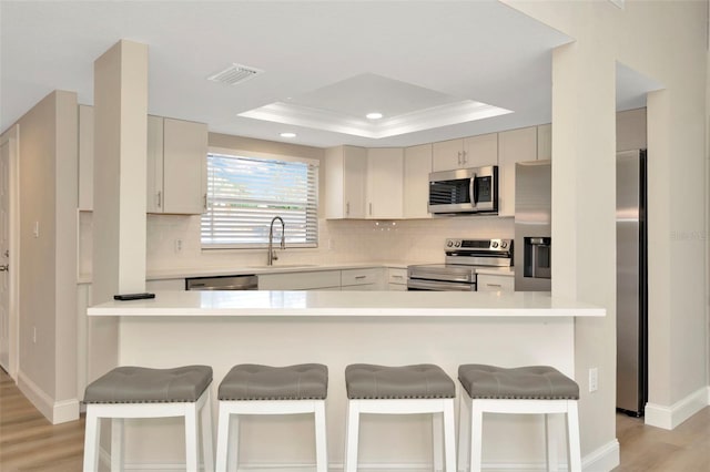 kitchen with sink, a breakfast bar, appliances with stainless steel finishes, and a tray ceiling