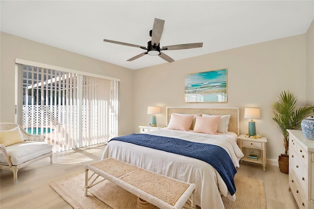 bedroom with light wood-type flooring and ceiling fan