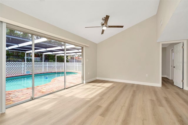 view of pool featuring ceiling fan