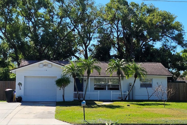 ranch-style house with a front lawn, a porch, and a garage