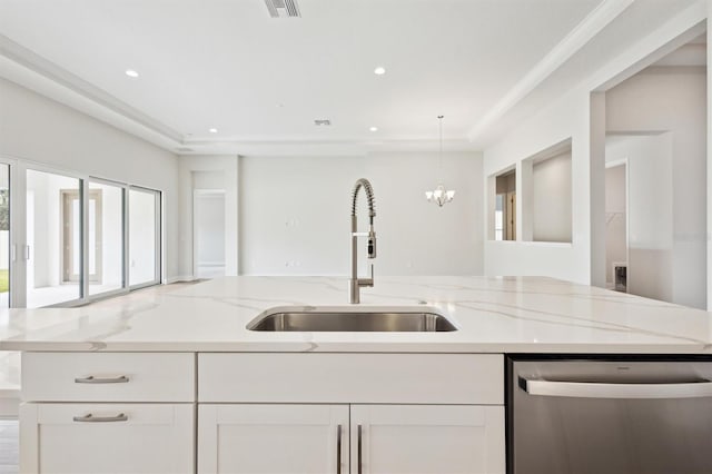 kitchen featuring a sink, light stone counters, white cabinets, and dishwasher