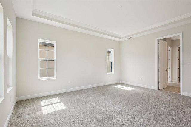 unfurnished room featuring a tray ceiling, light colored carpet, visible vents, and baseboards