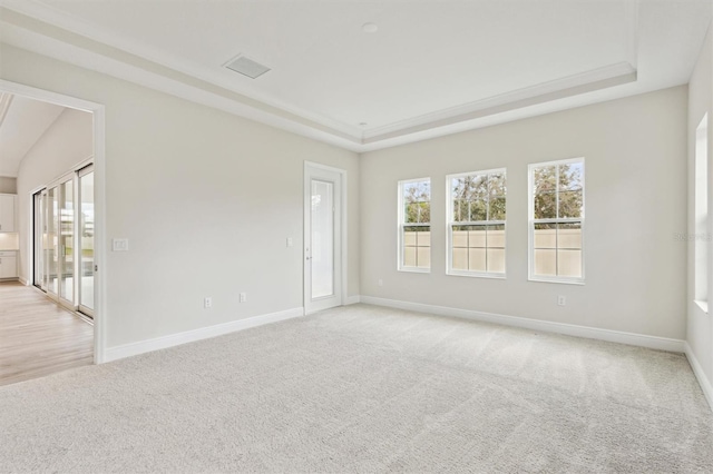 spare room featuring baseboards, a tray ceiling, and light colored carpet