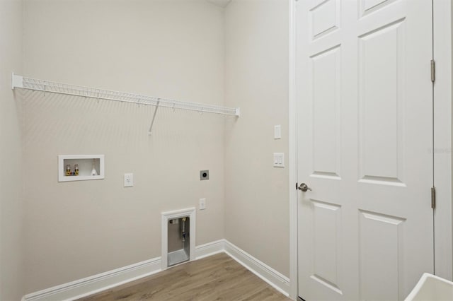 laundry room with washer hookup, light wood-style flooring, hookup for an electric dryer, laundry area, and baseboards