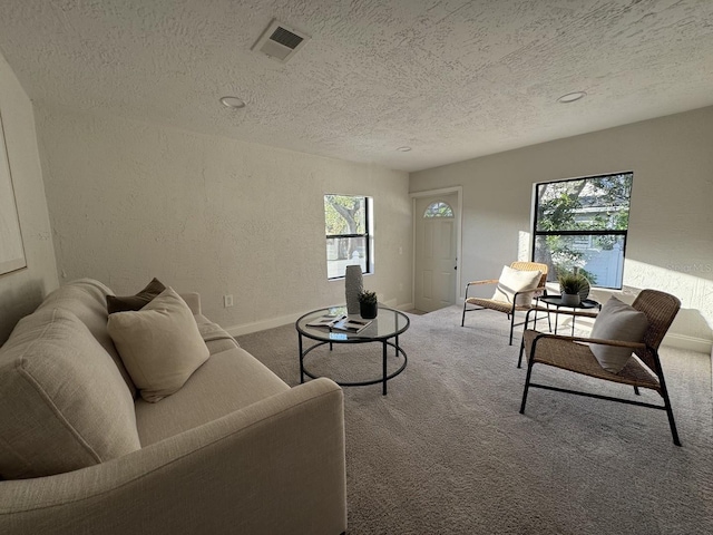 living room featuring plenty of natural light, carpet floors, and a textured ceiling