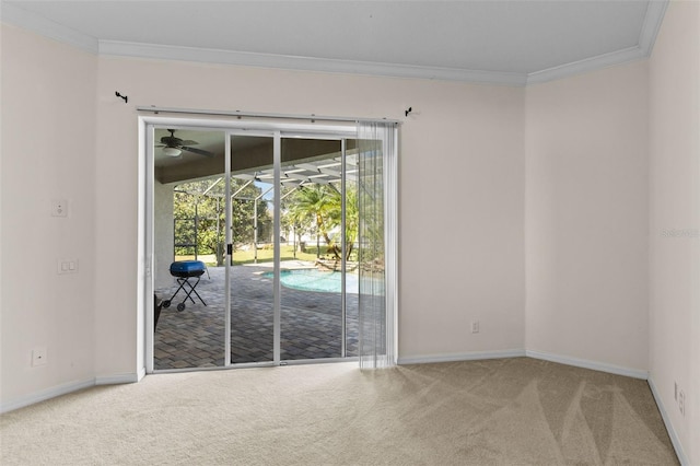 unfurnished room featuring carpet, ceiling fan, and crown molding