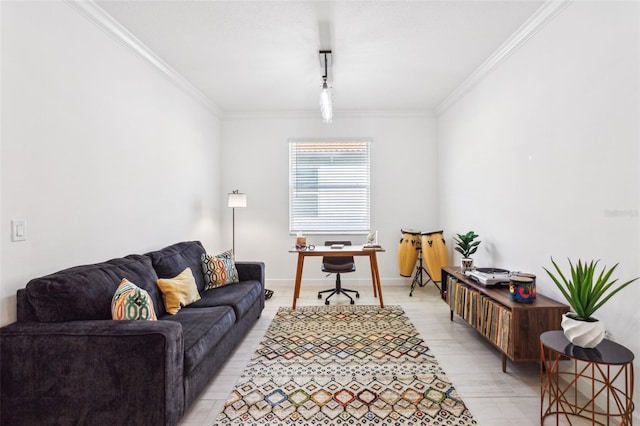 living room with crown molding