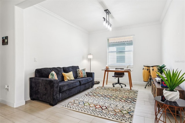 living room featuring crown molding