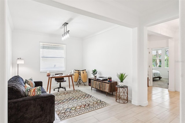 home office with ornamental molding