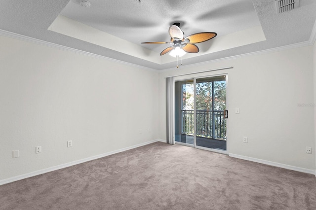 spare room with carpet floors, crown molding, and a tray ceiling