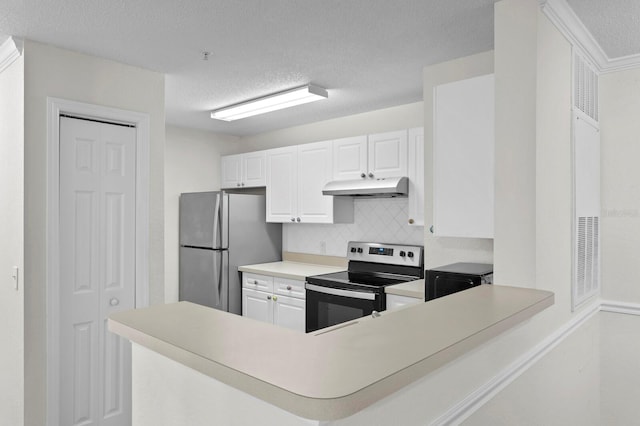 kitchen featuring white cabinets, kitchen peninsula, appliances with stainless steel finishes, and backsplash