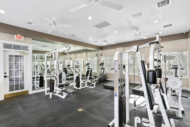 gym featuring ceiling fan