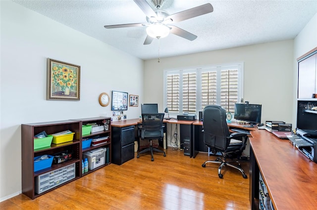 office space with a textured ceiling, light hardwood / wood-style floors, and ceiling fan