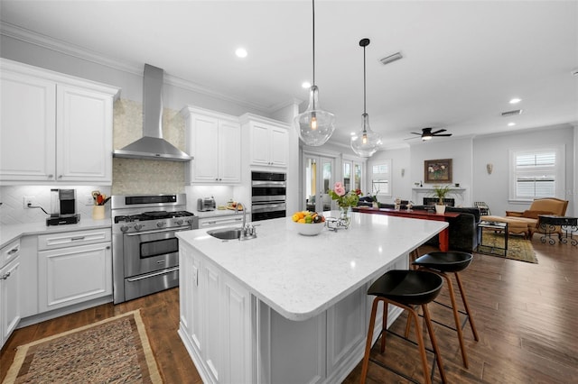 kitchen with stainless steel appliances, wall chimney exhaust hood, a healthy amount of sunlight, and an island with sink