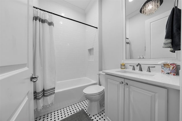 full bathroom featuring shower / bath combo, toilet, vanity, and tile patterned floors