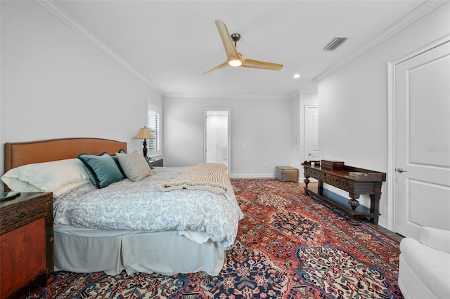 bedroom with ceiling fan and crown molding