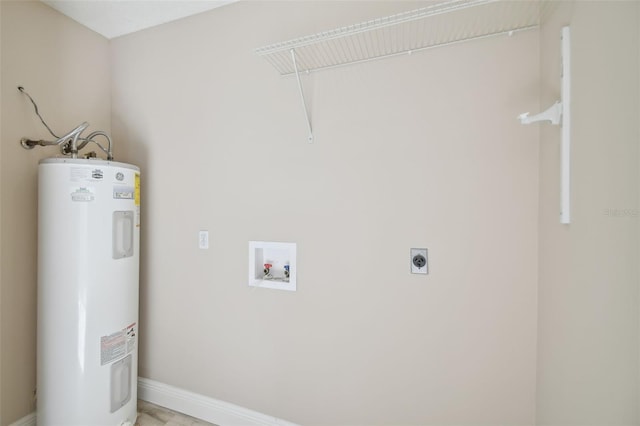 washroom with electric dryer hookup, water heater, and washer hookup