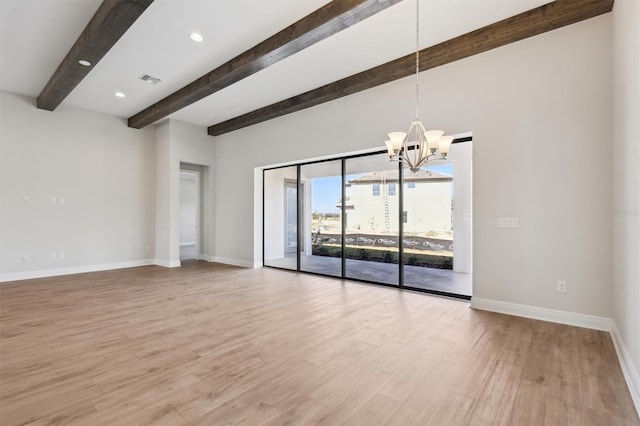 empty room featuring beam ceiling, a notable chandelier, recessed lighting, light wood-type flooring, and baseboards