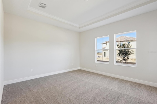 carpeted empty room featuring a tray ceiling, visible vents, and baseboards