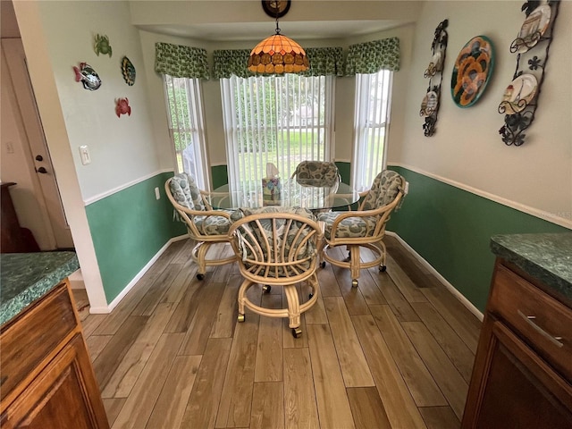 dining area with a wealth of natural light and light hardwood / wood-style flooring