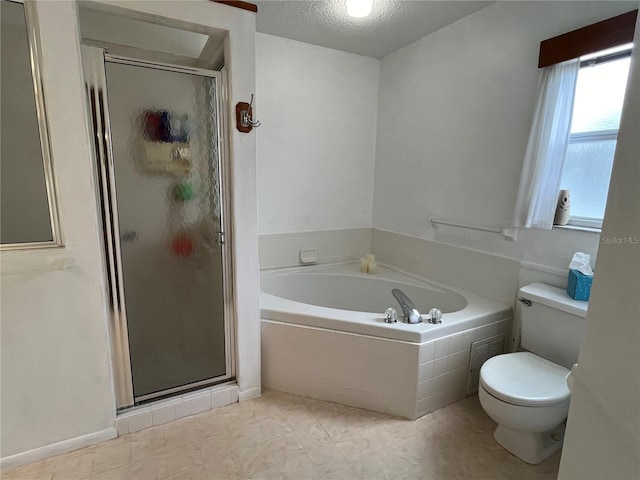 bathroom with shower with separate bathtub, toilet, and a textured ceiling