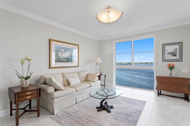 living room featuring light tile patterned floors, a water view, and crown molding