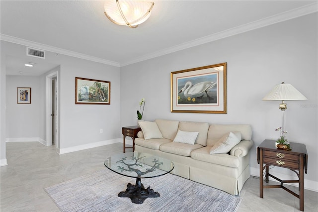 living room featuring crown molding