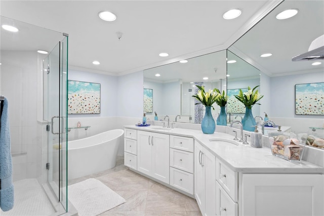 bathroom featuring independent shower and bath, vanity, tile patterned floors, and crown molding