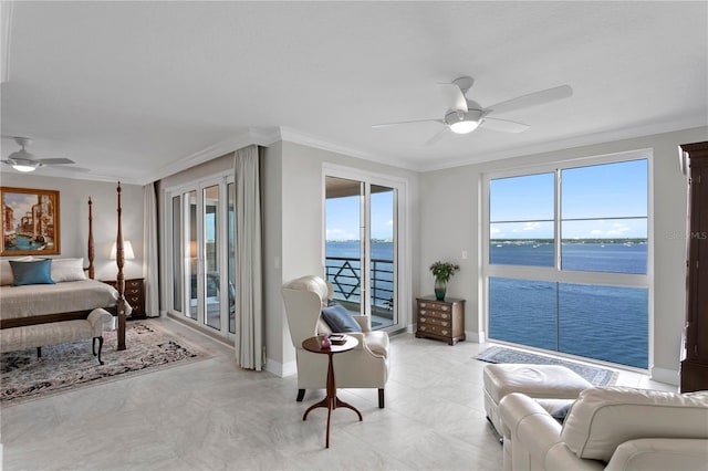 bedroom with ceiling fan, access to exterior, a water view, and crown molding