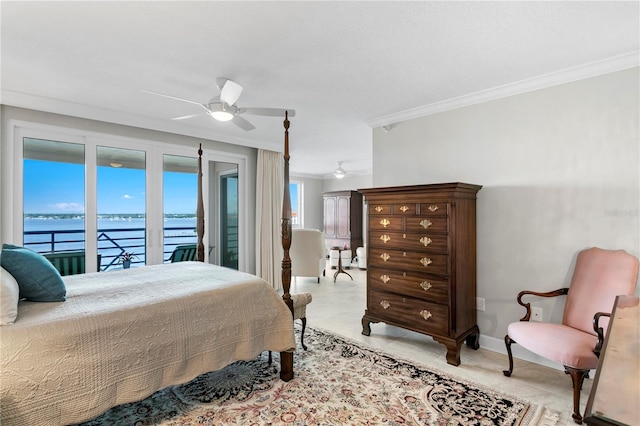 bedroom with access to outside, a water view, light tile patterned floors, ornamental molding, and ceiling fan