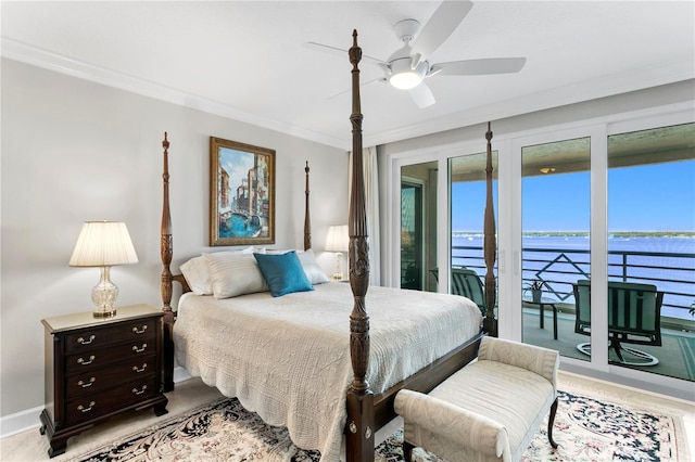 bedroom with light hardwood / wood-style floors, a water view, ornamental molding, ceiling fan, and access to outside