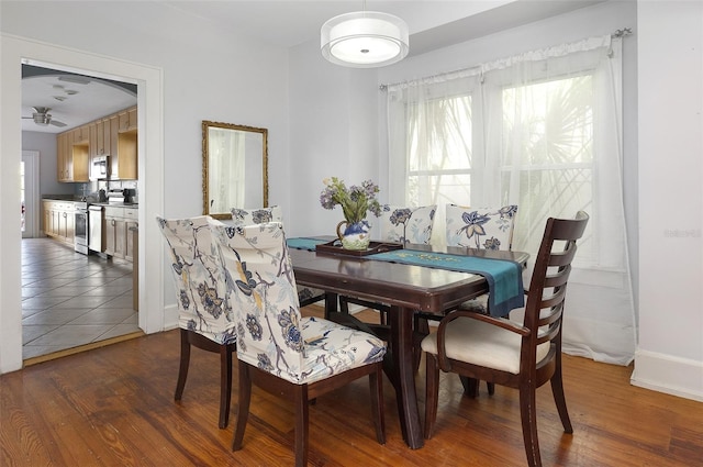 dining space with ceiling fan and dark hardwood / wood-style flooring