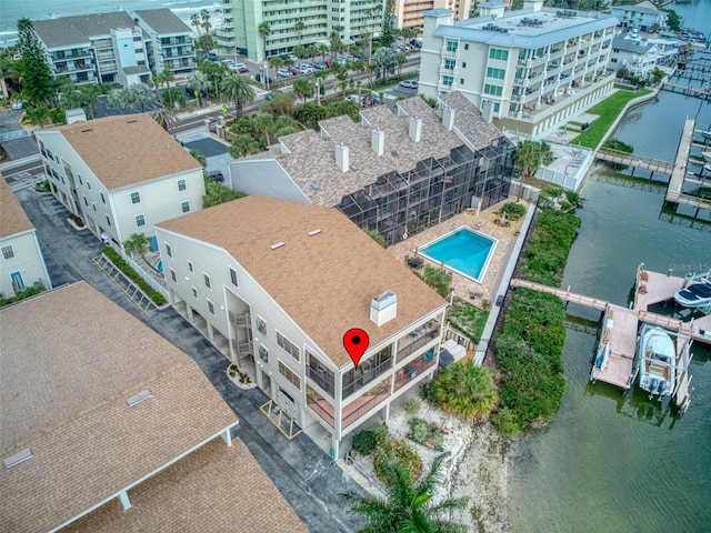 drone / aerial view with a water view