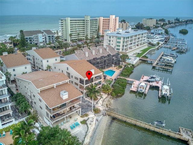 bird's eye view with a water view