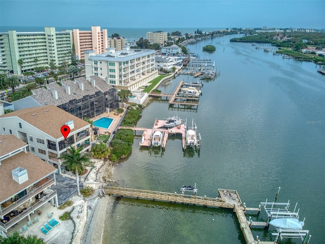 bird's eye view with a water view