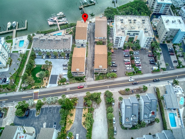 bird's eye view with a water view